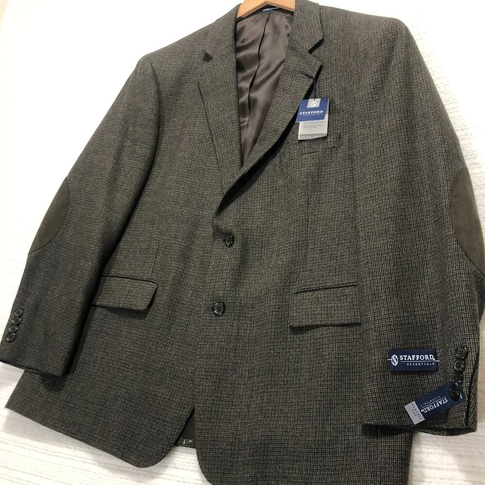 NWT Stafford Essentials Black Olive Check Classic Fit‎ Men's Size 46R
